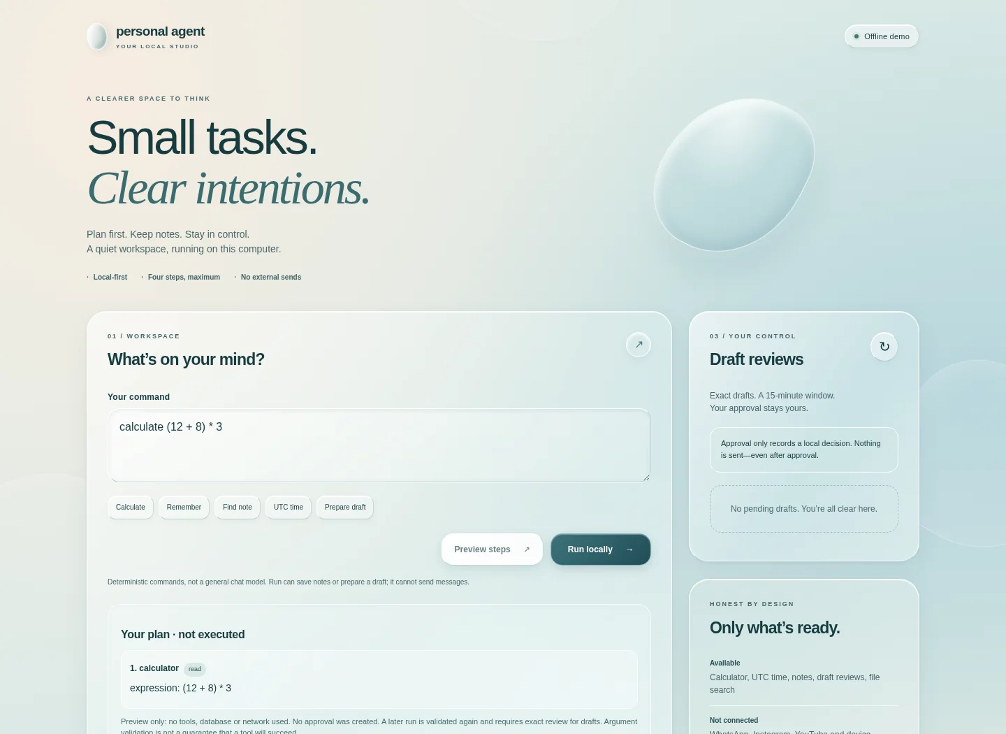 Actual local Personal-agentic-ai web studio showing a calculation plan preview and draft review panel.